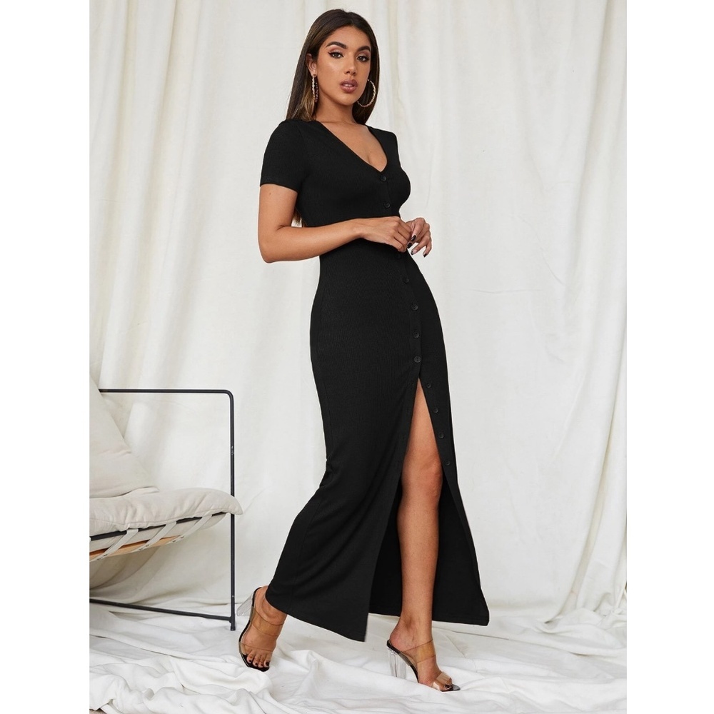 Black Rib Knit Button Down Short Sleeve Long Dress - Picture 3 of 7